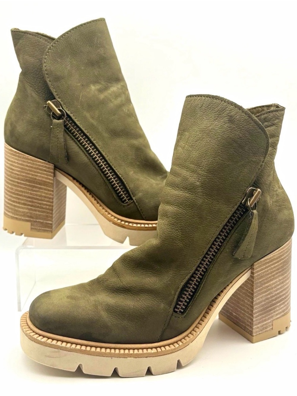 Bueno Olive Green Block Heel Ankle Boots with Side Zipper
